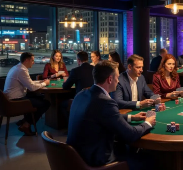 High-end Event Photography: Blackjack, premium interior, evening lighting, professional tables, guests smiling
