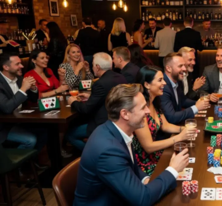 High-end Event Photography: Poker Night, premium interior, evening lighting, professional tables, guests smiling